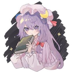 Rule 34 | 1girl, blue ribbon, book, bow, capelet, center frills, closed mouth, commentary request, crescent, crescent hat ornament, cropped torso, frills, frown, hands up, hat, hat ornament, hat ribbon, highres, holding, holding book, long hair, long sleeves, looking at viewer, patchouli knowledge, pink capelet, pink hat, pink shirt, purple eyes, purple hair, red bow, red ribbon, ribbon, sabatuki, shirt, solo, touhou