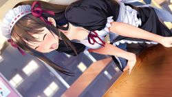 Rule 34 | 1girl, apron, arm support, artist request, black hair, breasts, character request, cleavage, clothes lift, crotch rub, closed eyes, female focus, female masturbation, female orgasm, game cg, indoors, leaning forward, long hair, masturbation, moaning, open mouth, orgasm, panties, pantyhose, pussy juice, raised eyebrows, saliva, skirt, skirt lift, solo, source request, standing, table, table humping, tagme, tears, through clothes, through panties, tongue, underwear, waitress, wet spot