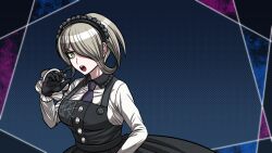 Rule 34 | 1girl, badge, black collar, black dress, black gloves, black hairband, blonde hair, blue background, breasts, buttons, collar, collared shirt, commentary request, cowboy shot, danganronpa (series), danganronpa v3: killing harmony, dress, eyelashes, frilled shirt collar, frilled sleeves, frills, gloves, green eyes, hair over one eye, hairband, hand up, lace-trimmed hairband, lace trim, large breasts, long sleeves, looking at viewer, necktie, o-ring, official style, open mouth, outside border, palms, parody, polka dot, polka dot background, purple necktie, shirt, short hair, simple background, sleeveless, sleeveless dress, solo, spider web print, style parody, teeth, tojo kirumi, upper teeth only, v-shaped eyebrows, white shirt, white sleeves, yumaru (marumarumaru)