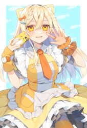 Rule 34 | 1girl, animal ears, blonde hair, blue background, blush, bow, braid, breasts, cellphone, dress, frilled dress, frills, hair between eyes, hair bow, hair ornament, hands up, highres, holding, holding phone, jewelry, long hair, looking at viewer, medium breasts, nail polish, necktie, orange bow, orange dress, orange nails, orange necktie, original, parted lips, phone, ring, scrunchie, short sleeves, smartphone, smile, solo, thighhighs, wrist cuffs, wrist scrunchie, yachishi orca, yellow eyes, yellow nails