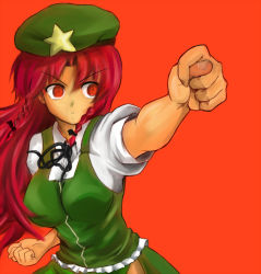 Rule 34 | &gt;:o, 1girl, :o, baibo, black ribbon, braid, breasts, china dress, chinese clothes, dress, embodiment of scarlet devil, eyebrows, female focus, green hat, green shirt, hair ornament, hat, hong meiling, large breasts, long hair, neck ribbon, paipo (chickshow), puffy short sleeves, puffy sleeves, red background, red eyes, red hair, ribbon, shirt, short sleeves, solo, star (symbol), star hair ornament, touhou, twin braids, v-shaped eyebrows, white shirt