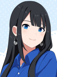 Rule 34 | 1girl, amamiya sora, animification, black hair, blue background, blue eyes, blue shirt, blunt bangs, buttons, commentary request, earrings, jewelry, light blush, long hair, looking at viewer, polka dot, polka dot background, real life, shirt, sidelocks, smile, solo, trinitro t, upper body
