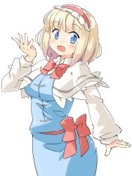Rule 34 | 1girl, alice margatroid, arnest, blonde hair, blue eyes, blush, breasts, capelet, collared dress, commentary request, dress, frills, hairband, hand up, long sleeves, looking at viewer, medium breasts, open mouth, pencil skirt, red sash, sash, short hair, skirt, solo, touhou, white background, white capelet