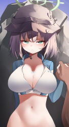 Rule 34 | 1girl, absurdres, blue archive, breasts, cleavage, green eyes, halo, highres, holding hands, large breasts, looking at viewer, navel, official alternate costume, open rash guard, purple hair, rash guard, saki (blue archive), saki (swimsuit) (blue archive), short hair, silday, swimsuit