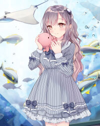 Rule 34 | 1girl, air bubble, animal, black bow, blush, bow, brown eyes, brown hair, bubble, closed mouth, commentary request, dress, fish, frilled dress, frills, grey dress, hair ornament, hands up, highres, long hair, long sleeves, manta ray, mutang, original, puffy long sleeves, puffy sleeves, smile, solo, striped bow, striped clothes, striped dress, stuffed animal, stuffed octopus, stuffed toy, vertical-striped clothes, vertical-striped dress, very long hair, water