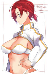 Rule 34 | 1girl, arm at side, blue eyes, blush, boudica (fate), breasts, cleavage, cleavage cutout, clothing cutout, fate/grand order, fate (series), from side, hand on own hip, isshiki (ffmania7), juliet sleeves, large breasts, long sleeves, midriff, navel, ponytail, puffy sleeves, red hair, short hair, short ponytail, shrug (clothing), signature, sketch, smile, solo, twitter username, upper body