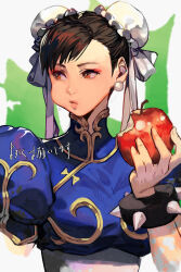 Rule 34 | 1girl, apple, blue dress, bracelet, breasts, brown eyes, brown hair, capcom, china dress, chinese clothes, chun-li, closed mouth, double bun, dress, earrings, eating, eyeliner, female focus, food, fruit, gold trim, hair bun, hungry clicker, japanese text, jewelry, large breasts, lips, looking to the side, makeup, matching hair/eyes, puffy short sleeves, puffy sleeves, short sleeves, solo, spiked bracelet, spikes, street fighter, street fighter ii (series), translation request, turtleneck, upper body