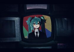 1girl aqua_eyes aqua_hair black_jacket black_necktie commentary cosplay crt eminem eminem_(cosplay) english_commentary hair_ornament hatsune_miku highres jacket letterboxed long_hair looking_at_viewer necktie open_mouth real_life reisame shirt solo teeth television twintails upper_teeth_only vocaloid white_shirt