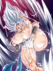 Rule 34 | 1girl, ass, breasts, censored, dragon ball, dragon ball super, female focus, kefla (dragon ball), large breasts, licking, nipples, open mouth, pussy, red eyes, rickert kai, short hair, ultra instinct, white hair