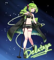 Rule 34 | 1girl, absurdres, artpatient, asymmetrical bangs, black jacket, black skirt, breasts, character name, delutaya, green hair, highres, holding, holding microphone, indie virtual youtuber, jacket, microphone, microphone stand, midriff, navel, open mouth, short hair, skirt, small breasts, solo, thigh strap, twintails, virtual youtuber