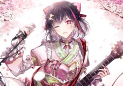Rule 34 | 1girl, bang dream!, black hair, bow, cherry blossoms, commentary, electric guitar, floral print, frilled sleeves, frills, guitar, hair bow, hair ornament, hairclip, instrument, japanese clothes, kimono, looking at viewer, microphone stand, mitake ran, multicolored hair, nennen, obi, one eye closed, open mouth, purple eyes, red hair, sash, short hair, solo, tied sleeves, two-tone hair, upper body