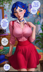 Rule 34 | 1girl, absurdres, aroma sensei, bird, blue bra, blue eyes, blue hair, blush, book, bra, breasts, cleavage, cloth, collar, commentary, dress, emily (stardew valley), english commentary, english text, hair ornament, heart collar, highres, large breasts, long sleeves, mannequin, open mouth, paid reward available, parrot, partially unbuttoned, radio, scissors, see-through, see-through shirt, shirt, short hair, smile, solo, stardew valley, underwear