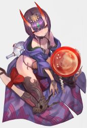 Rule 34 | 1girl, alcohol, bottle, breasts, cup, fate/grand order, fate (series), forehead jewel, from above, highres, horns, lack, leg ribbon, looking at viewer, oni, purple eyes, purple hair, red ribbon, ribbon, sakazuki, sake, short hair, shuten douji (fate), simple background, sitting, skin-covered horns, small breasts, smile, solo