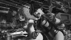 Rule 34 | 00s, 2girls, :d, artist request, bodysuit, buster machine 7, cowboy shot, drawfag, glasses, gloves, greyscale, hair ornament, hairband, hip focus, long hair, machinery, monochrome, multiple girls, non-web source, nono (top wo nerae 2!), open mouth, science fiction, serious, short hair, smile, standing, star (symbol), starry background, takaya noriko, tears, top wo nerae!, top wo nerae 2!, translation request