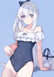Rule 34 | 1girl, azumi akitake, bare arms, bare legs, bare shoulders, black one-piece swimsuit, blue archive, blue halo, blush, cellphone, cowboy shot, frilled one-piece swimsuit, frills, grey hair, halo, highres, holding, holding phone, long hair, looking at viewer, miyako (blue archive), miyako (swimsuit) (blue archive), off-shoulder one-piece swimsuit, off shoulder, official alternate costume, one-piece swimsuit, open mouth, phone, ponytail, purple eyes, smartphone, solo, swimsuit