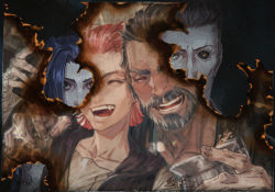 Rule 34 | 2boys, 2girls, :d, aged down, arcane: league of legends, arcane vi, asymmetrical bangs, beard, black sclera, blue hair, bottle, closed eyes, collarbone, colored sclera, commentary request, cup, facial hair, fang, father and daughter, hair slicked back, hand on another&#039;s shoulder, heterochromia, holding, holding cup, hood, hood down, hooded jacket, jacket, jiao mao, jinx (league of legends), league of legends, multiple boys, multiple girls, mustache, open mouth, pink hair, portrait, scar, scar across eye, scar on face, short hair, signature, silco (arcane), smile, teeth, tongue, vander (arcane), vi (league of legends)