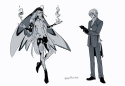 Rule 34 | 2boys, adjusting clothes, adjusting gloves, antonio salieri (fate), antonio salieri (second ascension) (fate), asaya minoru, bare pectorals, closed mouth, fate/grand order, fate (series), formal, gloves, grey background, greyscale, hair between eyes, jacket, long hair, long sleeves, looking at viewer, male focus, monochrome, multiple boys, pants, parted lips, pectorals, pinstripe pants, pinstripe pattern, pinstripe suit, shi huang di (fate), shoes, simple background, standing, striped, suit, twitter username, veil, very long hair
