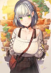 Rule 34 | 1girl, arms behind back, bag, breasts, casual, choker, cleavage, green eyes, highres, hololive, hololive fantasy, large breasts, official alternate costume, poligon (046), shirogane noel, shirogane noel (casual), short hair, silver hair, solo, sweater, virtual youtuber, white sweater