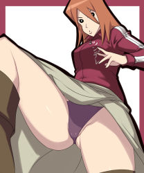 Rule 34 | 1girl, black eyes, boots, crayon shin-chan, dutch angle, female pubic hair, from below, jacket, jacky, jacqueline feeny, jakuriin finii, kicking, leg up, long hair, looking at viewer, open mouth, orange hair, panties, pantyshot, pubic hair, purple panties, sawao, simple background, skirt, solo, spread legs, thigh strap, third-party edit, track jacket, underwear, upskirt, zipper