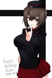 Rule 34 | 1girl, absurdres, aikir (jml5160), black hat, black jacket, brown eyes, brown hair, character name, closed mouth, commentary, cowboy shot, dated, english text, finger to mouth, garrison cap, girls und panzer, hand on own hip, happy birthday, hat, highres, insignia, jacket, kuromorimine military uniform, long sleeves, looking at viewer, military, military hat, military uniform, miniskirt, nishizumi maho, pleated skirt, red shirt, red skirt, shirt, short hair, shushing, skirt, smile, solo, standing, uniform, white background