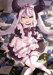 Rule 34 | 1girl, black ribbon, blue flower, blue gemstone, blue rose, blush, bowsan, choker, dress, flower, flustered, frilled dress, frills, gem, hair ornament, headband, highres, hololive, horns, indoors, la+ darknesss, long hair, looking at viewer, maid, mary janes, multicolored hair, nail polish, on floor, open mouth, purple hair, purple nails, ribbon, rose, shoes, silver hair, solo, streaked hair, tail, thighhighs, tiles, twintails, very long hair, virtual youtuber, water, wet, wet clothes, yellow eyes