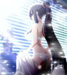 Rule 34 | 10s, 1girl, arched back, ass, bare shoulders, black hair, bra, breasts, from behind, highres, kore wa zombie desu ka?, large breasts, lingerie, long hair, non-web source, panties, plant, ponytail, potted plant, screencap, seraphim (korezom), solo, sparkle, stitched, third-party edit, underwear, underwear only, undressing, very long hair, white panties, window blinds
