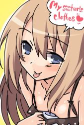 Rule 34 | 1girl, :p, bare shoulders, blanc (neptunia), blanc (neptunia) (cosplay), blue eyes, blush, breasts, brown hair, cleavage, commentary request, cosplay, dress, english text, hair between eyes, iwashi dorobou -r-, long hair, looking at viewer, naughty face, neptune (series), ram (neptunia), small breasts, smile, solo, spaghetti strap, teasing, tongue, tongue out, white dress
