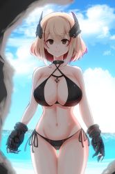 Rule 34 | 10eki (tenchou), 1girl, absurdres, azur lane, bikini, black bikini, blonde hair, blue sky, breasts, brown eyes, cloud, cloudy sky, commentary request, cowboy shot, cross, day, gluteal fold, halterneck, highres, iron cross, large breasts, looking at viewer, mechanical hands, multicolored hair, navel, ocean, red hair, roon (azur lane), short hair, side-tie bikini bottom, sky, smile, solo, swimsuit, thigh gap, two-tone hair, wet