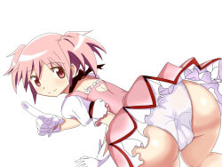 Rule 34 | 1girl, absurdres, artist request, ass, blush, cameltoe, fourth wall, from behind, gloves, hair ribbon, highres, kaname madoka, long hair, looking at viewer, magical girl, mahou shoujo madoka magica, panties, pink eyes, pink hair, poking, ribbon, shiny skin, skirt, smile, solo, twintails, underwear