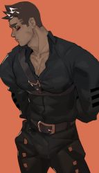 Rule 34 | 1boy, bara, belt, black pants, black shirt, brown hair, caiothevici, chest harness, chinese commentary, closed mouth, commentary request, from side, harness, highres, large pectorals, male focus, mature male, muscular, muscular male, original, pants, pectoral cleavage, pectorals, profile, shirt, short hair, solo, spiked hair, underbust