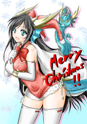 Rule 34 | 1girl, bad id, bad pixiv id, blue eyes, bow, china dress, chinese clothes, dragon, dragon girl, dragon tail, dress, elbow gloves, fins, gloves, head fins, horns, karin (p&amp;d), long hair, merry christmas, minato yoshihiro, puzzle &amp; dragons, santa costume, tail, thighhighs