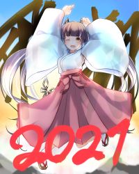 Rule 34 | 1girl, 2021, nanashi inc., alternate costume, arms up, black hair, blunt bangs, blush, breasts, brown footwear, commentary request, dameyoshi, demon girl, demon horns, demon tail, full body, geta, hakama, hakama skirt, highres, horns, japanese clothes, kojo anna, long hair, looking at viewer, medium breasts, miko, multicolored hair, one eye closed, open mouth, pink skirt, purple hair, skirt, smile, solo, sugar lyric, tail, twintails, two-tone hair, virtual youtuber, wide sleeves, yellow eyes