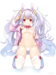 Rule 34 | 1girl, :o, animal ears, arm up, azur lane, bad id, bad twitter id, bare shoulders, bikini, blush, bow, breasts, collarbone, commentary request, full body, gluteal fold, groin, hair ornament, hairband, jacket, kurot, laffey (azur lane), long hair, long sleeves, looking at viewer, navel, off shoulder, open clothes, open jacket, parted lips, pink bow, pink jacket, rabbit ears, red eyes, red hairband, salute, shoes, silver hair, small breasts, solo, swimsuit, thighhighs, twintails, twitter username, very long hair, white background, white bikini, white footwear, white thighhighs