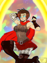 Rule 34 | 1girl, absurdres, alternate costume, alternate eye color, arms up, bare shoulders, belt, bikini, black footwear, blue eyes, blue nails, blush, boots, bra, breasts, cape, checkered bikini, checkered clothes, checkered sleeves, checkered thighhighs, cleavage, cm artist, corruption, curious cat (rwby), dark persona, evil smile, fingerless gloves, gloves, highres, kneeling, large breasts, looking at viewer, medium breasts, nail, nail polish, possessed, possession, red cape, red hair, ruby rose, rwby, see-through, see-through shirt, signature, skin tight, slit pupils, smile, swimsuit, torn, torn clothes, torn sleeves, underwear, watermark, whiskers