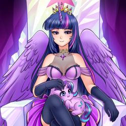 Rule 34 | 1girl, blue eyes, blue hair, breasts, chibi, cleavage, commentary, crossed legs, dress, elbow gloves, feathered wings, gloves, horns, jewelry, my little pony, my little pony: friendship is magic, necklace, personification, pony (animal), purple eyes, racoon-kun, sidelocks, single horn, sitting, smile, starlight glimmer, strapless, strapless dress, throne, twilight sparkle, unicorn, wings