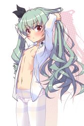 Rule 34 | 1girl, adjusting hair, anchovy (girls und panzer), anzio school uniform, blush, bow, bow panties, breasts, closed mouth, commentary, crotch seam, dress shirt, dressing, drill hair, frown, girls und panzer, green hair, hair ribbon, k10k, long hair, looking at viewer, navel, nipples, no bra, open clothes, open shirt, panties, panties under pantyhose, pantyhose, red eyes, ribbon, school uniform, shirt, silhouette, small breasts, solo, standing, striped clothes, striped panties, thighband pantyhose, twintails, tying hair, underwear, white background, white pantyhose