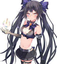 Rule 34 | 1girl, angry, bare shoulders, black hair, boots, breasts, cleavage, cowboy shot, crop top, female focus, frown, gloves, green eyes, highres, long hair, medium breasts, miniskirt, navel, neptune (series), noire (neptunia), ray 726, red eyes, ribbon, skirt, solo, stomach, thighs, tsundere, twintails, very long hair