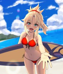 Rule 34 | 1girl, blonde hair, blush, breasts, cleavage, fate/grand order, fate (series), green eyes, highres, holding, holding behind back, holding surfboard, kuroshiro (ms-2420), looking at viewer, medium breasts, mordred (fate), mordred (fate/apocrypha), mordred (swimsuit rider) (first ascension) (fate), navel, open mouth, red scrunchie, scrunchie, short hair, short ponytail, smile, solo, standing, surfboard, teeth