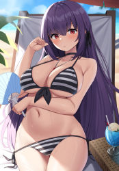 Rule 34 | 1girl, absurdres, beach, beach chair, beach umbrella, bikini, black choker, black ribbon, blue sky, blush, breasts, cherry, choker, cleavage, clenched hand, cup, day, drinking glass, drinking straw, fate/grand order, fate (series), food, fruit, hair between eyes, hair ribbon, hand fan, hand up, highres, holding, holding fan, ice cream, ice cream float, jewelry, large breasts, long hair, navel, outdoors, parted lips, pendant, purple hair, red eyes, ribbon, scathach (fate), scathach skadi (fate), side-tie bikini bottom, sky, solo, stomach, straight hair, striped bikini, striped clothes, suiroh (shideoukami), sunlight, swimsuit, umbrella, very long hair, wet