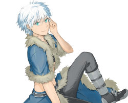 Rule 34 | 1boy, adjusting eyewear, armored boots, black pants, black shirt, blue cape, blue jacket, boots, cape, closed mouth, commentary request, crop top, foot out of frame, fur-trimmed cape, fur-trimmed jacket, fur trim, glasses, green eyes, jacket, looking at viewer, male focus, natsuya (kuttuki), open clothes, open jacket, pants, ragnarok online, shirt, short hair, short sleeves, simple background, smile, solo, stalker (ragnarok online), waist cape, white background, white hair