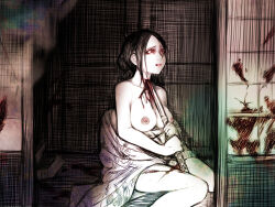Rule 34 | 1girl, 1other, blood, blood on ground, breasts, collarbone, commentary request, disorder!, floral print, guro, highres, holding, holding sword, holding weapon, japanese clothes, katana, kimono, large breasts, monochrome, nipples, on ground, open clothes, open mouth, original, red eyes, seppuku, short hair, shouji, sitting, sliding doors, solo focus, spot color, suicide, sword, weapon
