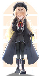 Rule 34 | 1girl, absurdres, beret, black coat, black gloves, black hat, black pantyhose, black skirt, blonde hair, blue archive, boots, bow, bowtie, cane, closed eyes, coat, commentary request, fluffy hair, full body, gloves, hat, highres, holding, holding cane, long hair, long sleeves, mrsc, open clothes, open coat, pantyhose, professor niyaniya (blue archive), red bow, red bowtie, skirt, solo, walking