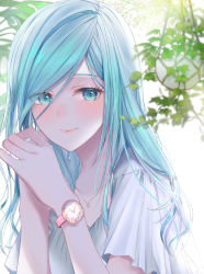 Rule 34 | 1girl, blue eyes, blue hair, closed mouth, collarbone, hair between eyes, highres, hinomori shizuku, jewelry, long hair, looking at viewer, mairu003, mole, mole under mouth, necklace, project sekai, smile, solo, straight hair, upper body, watch, wristwatch