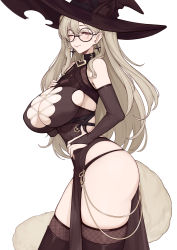 Rule 34 | 1girl, animal ears, bare shoulders, black dress, black hat, black thighhighs, blonde hair, blush, breasts, brown eyes, cleavage, cleavage cutout, clothing cutout, dress, earrings, evan yang, fox ears, fox tail, glasses, hat, highres, jewelry, large breasts, long hair, looking at viewer, original, smile, solo, tail, thighhighs, thighs, witch hat