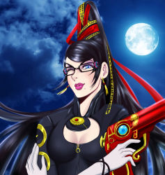 Rule 34 | bayonetta, bayonetta (series), black hair, blue eyes, breasts, cleavage, cleavage cutout, clothing cutout, cloud, earrings, emptycicada, full moon, glasses, gloves, gun, highres, jewelry, lipstick, long hair, makeup, mascara, mole, mole under mouth, moon, night, night sky, one eye closed, pink lips, sky, solo, upper body, weapon, white gloves