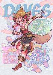 Rule 34 | 1girl, animal ears, arm up, bangle, bracelet, crossed bangs, crown, english text, floating, floating object, flower, hair flower, hair ornament, highres, jen (aaasylum), jewelry, looking at viewer, object floating above hand, open mouth, original, pink eyes, pink hair, pointy footwear, smile, tail, twisted torso