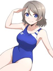 Rule 34 | 1girl, blue eyes, blue one-piece swimsuit, breasts, collarbone, competition swimsuit, grey hair, highres, logo, looking at viewer, love live!, love live! sunshine!!, medium breasts, one-piece swimsuit, pataneet, salute, short hair, simple background, sitting, solo, swimsuit, watanabe you, white background