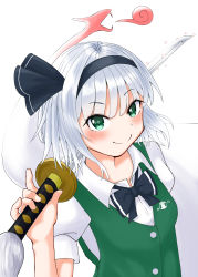 Rule 34 | \m/, absurdres, arm up, black neckwear, blush, bow, bowtie, breasts, commentary request, dragon, green eyes, green vest, hair between eyes, hair ribbon, hand on hilt, head tilt, highres, katana, konpaku youmu, konpaku youmu (ghost), looking at viewer, puffy short sleeves, puffy sleeves, ribbon, shiromuji, shirt, short sleeves, silver hair, simple background, small breasts, smile, sword, touhou, upper body, vest, weapon, white background, white shirt, wily beast and weakest creature