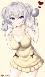 Rule 34 | 10s, 1girl, :q, apron, artist name, bad id, bad twitter id, bare arms, bare shoulders, blush, bow, breasts, brown bow, cleavage, closed mouth, collarbone, covered erect nipples, cowboy shot, eyebrows, heart, highres, holding, kantai collection, kashima (kancolle), ladle, large breasts, looking at viewer, myuu (arisumeria), naked apron, no bra, no panties, short hair, short twintails, simple background, smile, solo, standing, tongue, tongue out, twintails, twitter username, wavy hair, yellow apron, yellow background