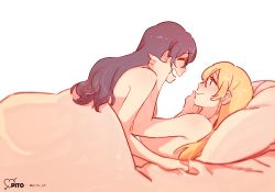 Rule 34 | 10s, 2girls, :d, artist name, ayase eli, bad id, bad twitter id, blonde hair, completely nude, closed eyes, girl on top, hair down, hand on another&#039;s chin, hands on another&#039;s cheeks, hands on another&#039;s face, long hair, looking at another, love live!, love live! school idol project, lying, multiple girls, nude, on back, open mouth, pillow, pito (sh02327), purple hair, simple background, smile, tojo nozomi, twitter username, under covers, white background, yuri
